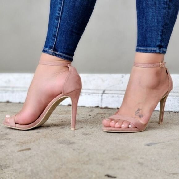 Women's Suede Strappy Ankle High Heel Sandals Blush Color - Picture 1 of 4